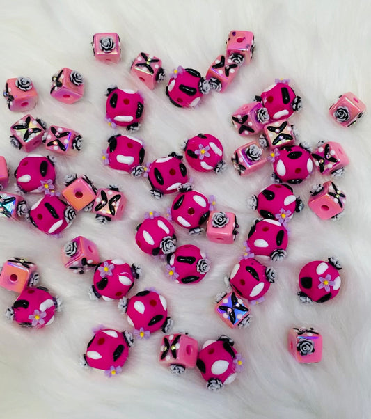 「Pink Painted Beads」Flower Round and Cube Beads for Any Chain and Pen Style DIY Charms FunBeauty Free Shipping over $30